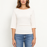 Payton Chalk crewneck tee with three-quarter sleeves and gathered sides, styled with blue jeans