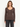 A woman standing forward wearing a scoop neck ribbed henley long sleeve tee in brown with black jeans on a white background.