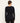 A woman viewed from the back wearing a fitted black long-sleeve top and black pants against a plain light background.