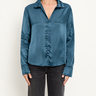 Everly satin collared top in Petrol blue-green, front view showing V-neck and gathered center detail