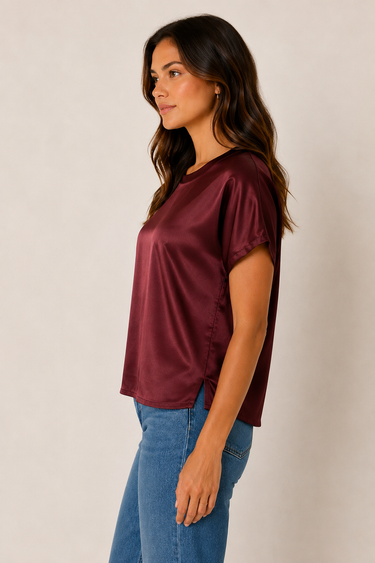 A woman wearing a short-sleeve satin top in burgundy and blue jeans, standing against a plain light beige studio background.
