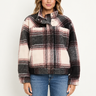 Parker Charcoal Combo plaid bomber jacket, front view with open funnel neck and blue jeans