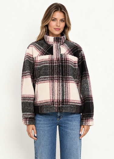 Parker plaid bomber jacket, front view with funnel collar closed