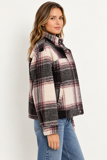Parker Charcoal Combo plaid bomber jacket, side view showing pocket and hip-length silhouette