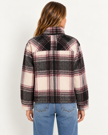Parker Charcoal Combo plaid bomber jacket, back view showing pocket and hip-length silhouette
