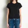 Person wearing a black t-shirt and blue jeans against a plain background