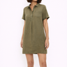 Woman wearing a green dress on a white background