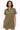 Woman wearing an olive green dress on a white background