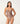 A woman wearing a shiny cutout halter cocoa swimsuit on a white background.