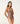 A woman wearing a shiny cutout halter cocoa swimsuit on a white background.