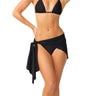 a woman wearing a black bikini and a black sarong cover up on a white background 
