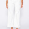 Person wearing white wide-leg, ankle length pants on a plain background