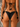 Black bikini with gold accents on a neutral background