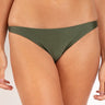 Person wearing a green bikini bottom on a plain background