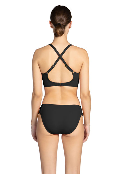 Black bikini set with criss-cross straps on a white background