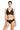 Woman wearing a black bikini with gold accents on a white background
