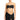 Woman wearing a black strapless top and black shorts on a white background