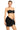 Woman wearing a black strapless top and black sarong on a white background
