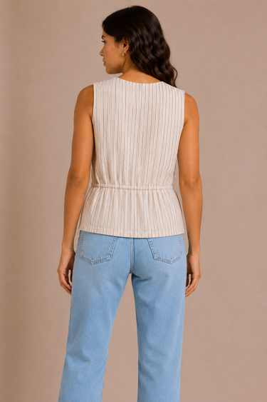 Woman wearing a beige sleeveless top and light blue jeans against a beige background