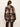 A model shown from the back wearing a brown, beige, and black plaid wrap coat with a tie belt, paired with dark brown pants, against a plain off-white background.