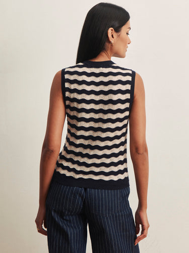 Model wearing a navy and ivory striped sleeveless knit sweater with navy pinstripe wide-leg pants.
