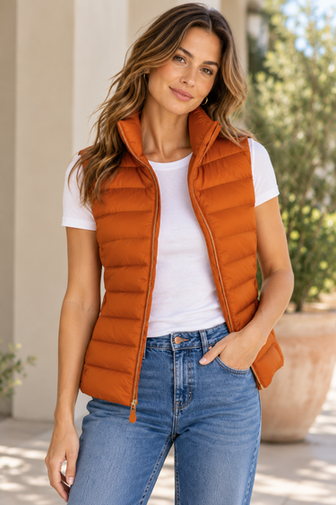 a woman wearing a shiny pedant puffer vest, a white tee, blue jeans, and white sneakers on a light grey studio backdrop.
