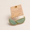 Gold-tone hoop earrings with green stone inlays, displayed on a kraft paper card labeled 'Scott Curated Wears' against a light beige background.