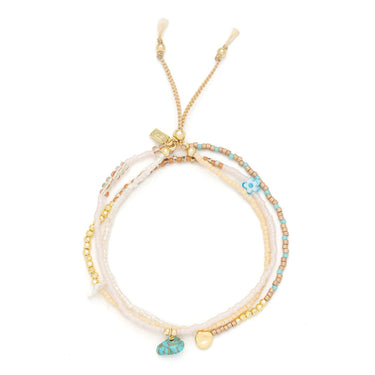 Set of beaded bracelets with turquoise stones on a white background