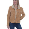 A woman wearing a tan suede jacket with a cream sherpa collar, paired with dark blue jeans, photographed against a plain white background.