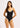 A woman wearing a one piece black and white swimsuit