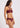 The side view of a wrap halter burgundy swim top on a model on a white background