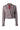 A cropped double-breasted blazer in a fine houndstooth pattern of gray, beige, and black, featuring gold-tone buttons and a contrasting magenta lining, shown against a plain white background.