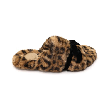 Leopard print slipper with a black strap on a white background