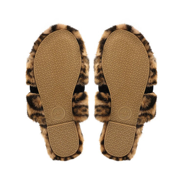 A pair of leopard-print fuzzy slide slippers shown from the sole view on a plain white background.