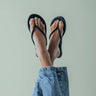 Feet wearing black flip-flops with a light gray background