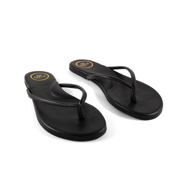 Pair of black flip-flops on a white background