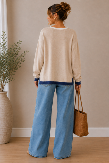a woman wearing a beige sweater with a white stripe on the collar and a blue stripe at the bottom hem with a slip at hips and blue jeans on a neutral background