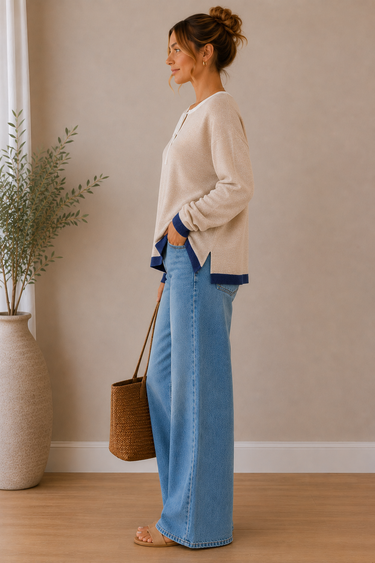 A woman wearing a beige sweater with a blue stripe with a side split at the hem at the bottom and jeans