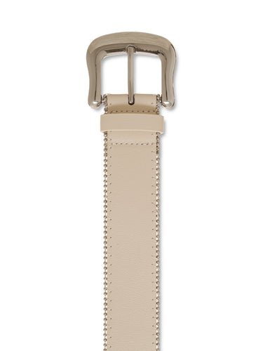 Beige belt with a silver buckle on a white background