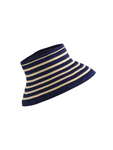 Navy and beige striped visor hat on a white background
