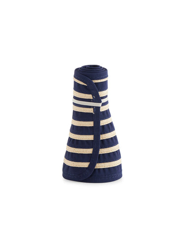 Navy and beige striped folded sun visor on a white background