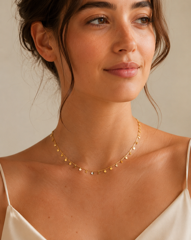 A close-up of a woman wearing a delicate gold chain necklace with small flat circular charms, styled with a cream satin camisole against a warm beige background.