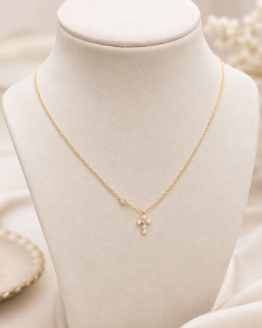 Simple Chain Necklace with Mini Gold Pearl Cross by Tai Jewelry