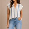 Tallulah Coastal Stripe Cap Sleeve Top in Cream/Blue by Velvet - Time Out Clothing