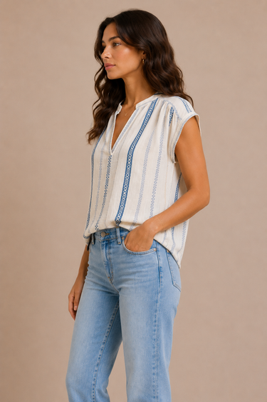 Tallulah Coastal Stripe Cap Sleeve Top in Cream/Blue by Velvet - Time Out Clothing