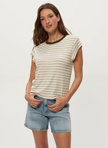 Tanya Striped Power T-Shirt in Oatmeal Stripe by Micheal Stars - Time Out Clothing