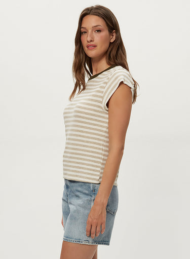 Tanya Striped Power T-Shirt in Oatmeal Stripe by Micheal Stars - Time Out Clothing