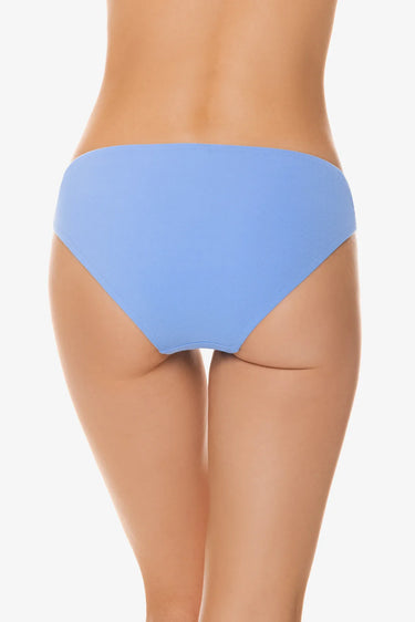 Blue bikini bottom worn by a person on a white background
