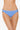 Blue bikini bottom worn by a person on a white background