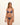 Woman wearing a blue bikini set on a beige background